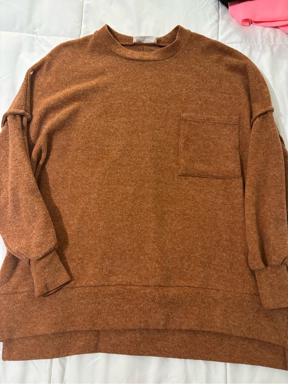 Zenana Outfitters Chest Pocket Crewneck Sweater - Rust Brown